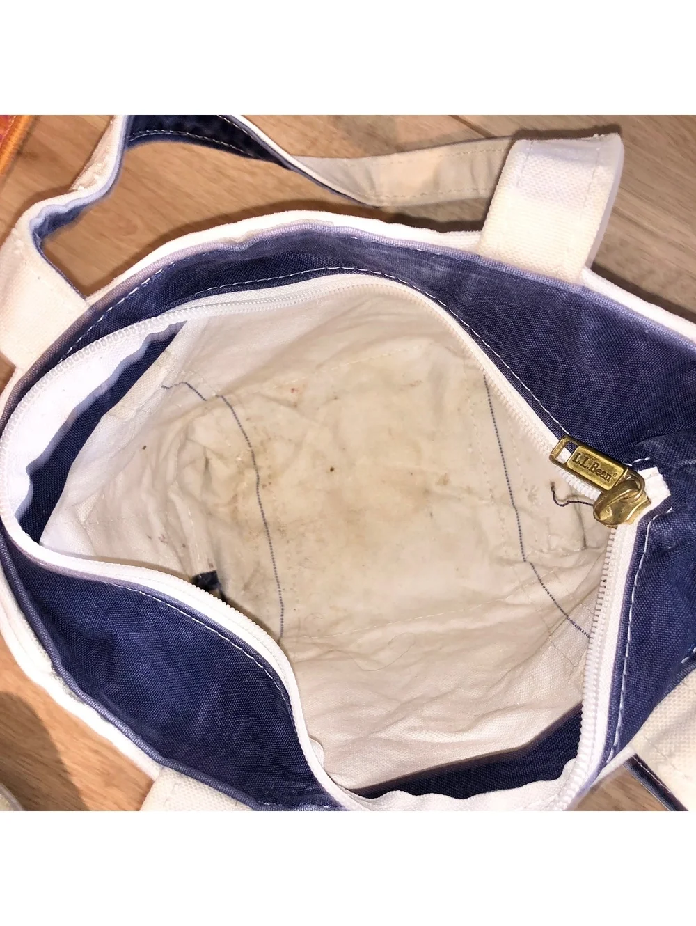 VINTAGE LL BEAN BOAT & TOTE WHITE CREAM NAVY BLUE CANVAS BAG SMALL LONG HANDLES